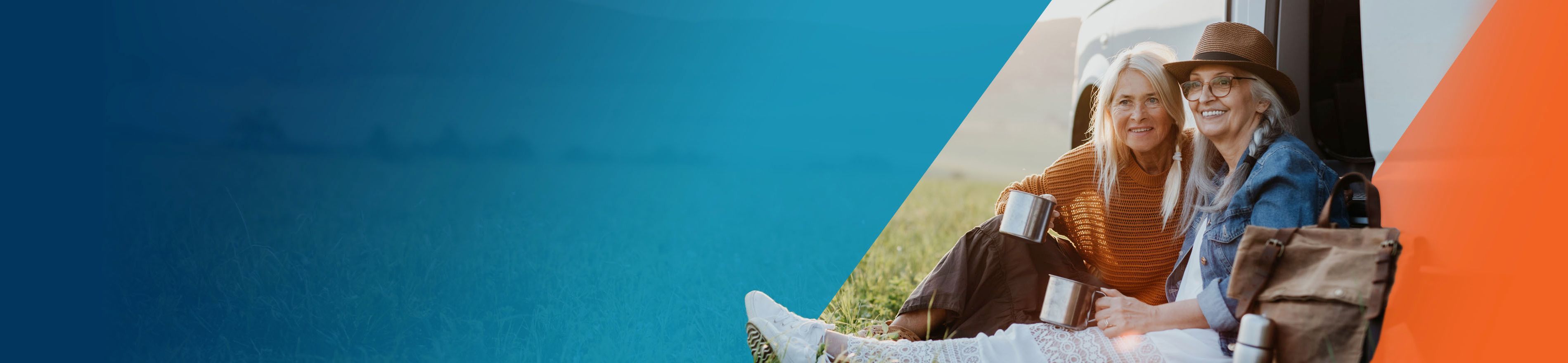 Potential OPDIVO® (nivolumab) user sitting in a field and drinking coffee with her partner.
