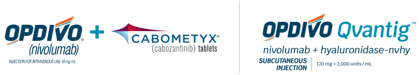 OPDIVO® (nivolumab) + CABOMETYX® (cabozantinib) logo and OPDIVO® QVANTIG™ (nivolumab + hyaluronidase-nvhy) logo. 