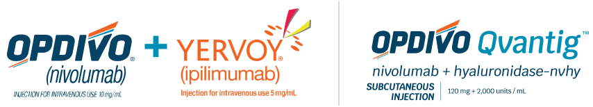 OPDIVO® (nivolumab) + YERVOY® (ipilimumab) logo and OPDIVO® QVANTIG™ (nivolumab + hyaluronidase-nvhy) logo.