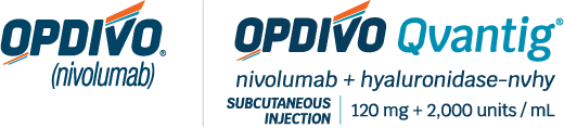 OPDIVO® (nivolumab) logo and OPDIVO Qvantig® (nivolumab + hyaluronidase-nvhy) logo.